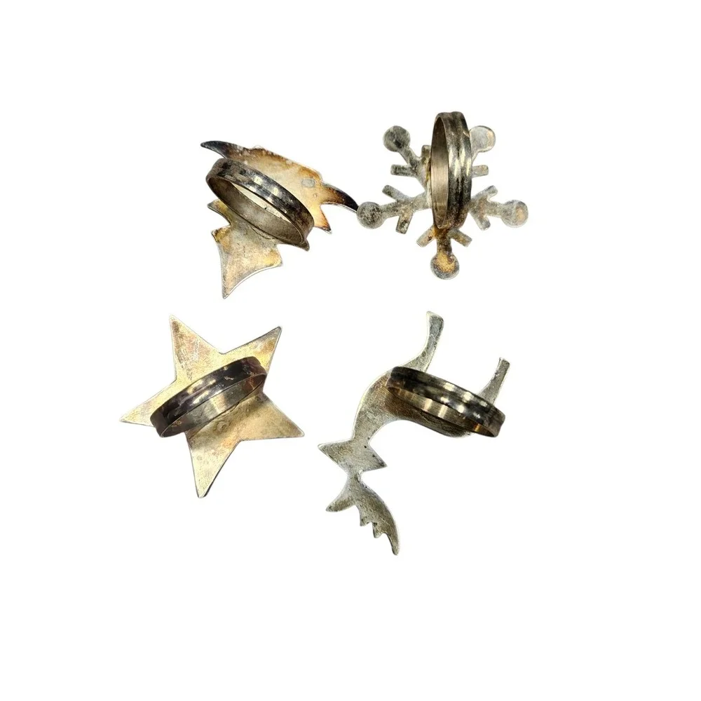 Silver Holiday Napkin Rings Set 4 Christmas Star Tree Snowflake Reindeer Festive